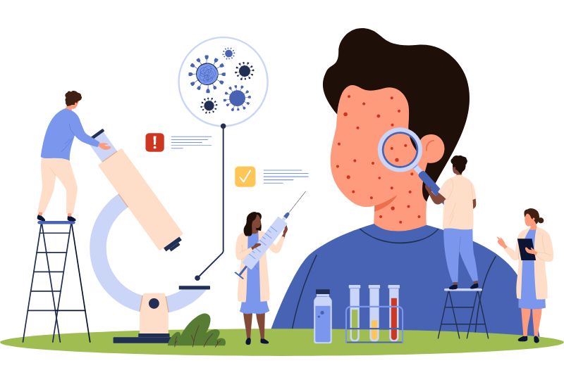 A graphic showing measles-related imagery such as doctors, a person with a rash, a microscope and microscopic representation of the virus